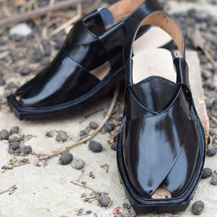 Pure Leather Black Norozi Chappal – Handcrafted Peshawari Shoes for Men