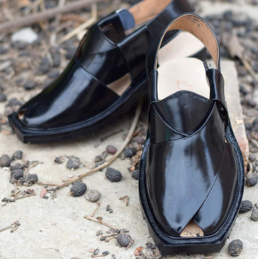 Pure Leather Black Norozi Chappal – Handcrafted Peshawari Shoes for Men