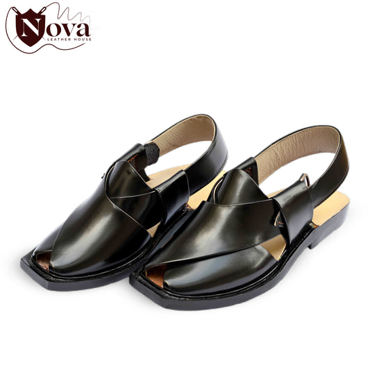 Pure Leather Black Norozi Chappal – Handcrafted Peshawari Shoes for Men